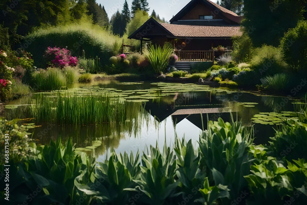 A pretty green pond surrounded by a recently planted garden sits in front of a house in the countryside