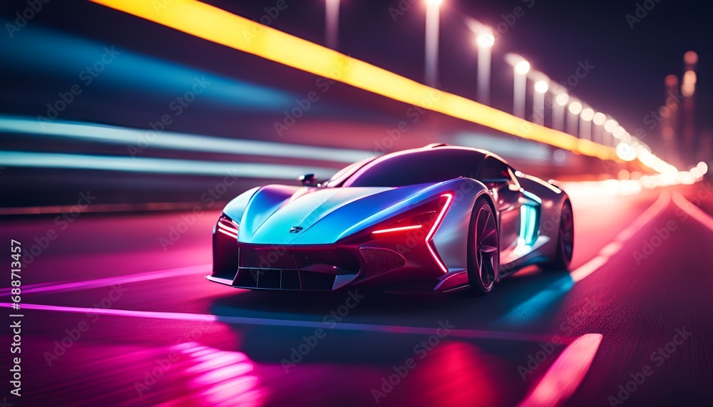 Futuristic sports car on neon highway powerful acceleration of a supercar on a night track 