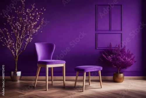 A purple interior with a chair and tree