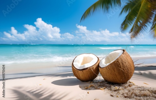 coconuts on white beach sand over blue transparent ocean wave background