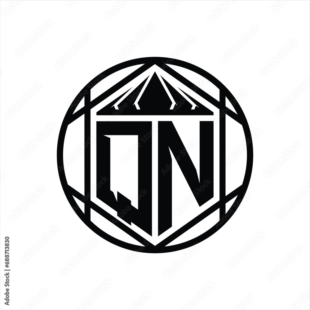QN Letter Logo monogram hexagon slice crown sharp shield shape isolated circle abstract style design QN Letter Logo monogram hexagon slice crown sharp shield shape isolated circle abstract style design