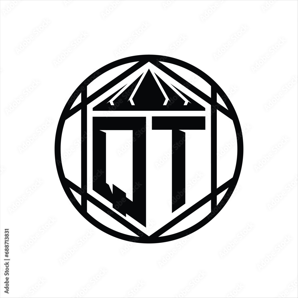 QT Letter Logo monogram hexagon slice crown sharp shield shape isolated circle abstract style design QT Letter Logo monogram hexagon slice crown sharp shield shape isolated circle abstract style design
