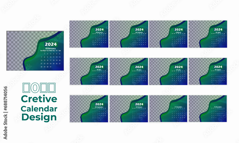 2024 monthly calendar template for office desk or wall vector Stock ...