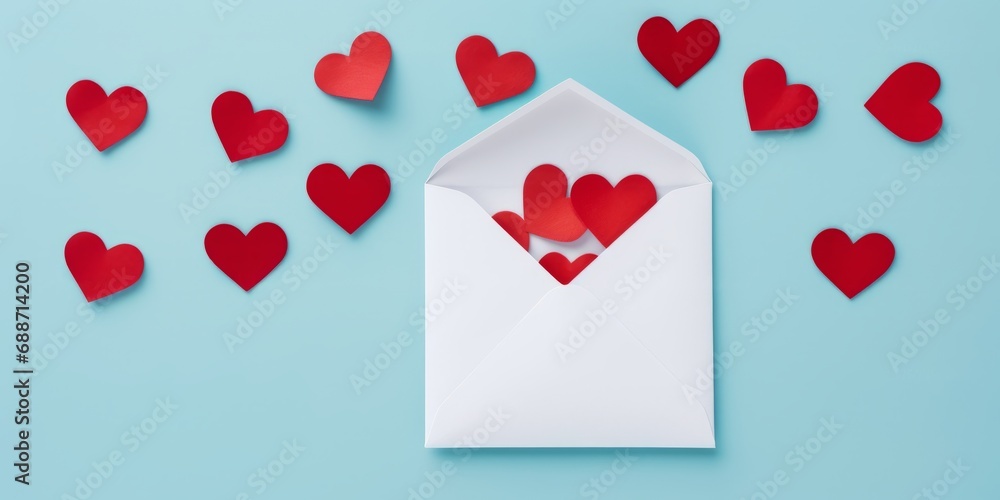 Red paper hearts and envelope on pastel blue background, top view.