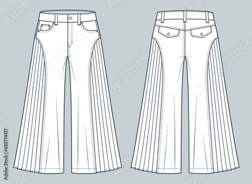 Wide Leg Pants technical fashion illustration. Culottes Skirt Pants fashion flat technical drawing template, pleated, zipper, pockets, front and back view, white, women, men, unisex Pants CAD mockup.