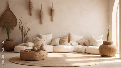 Boho living room interior background, minimalism.