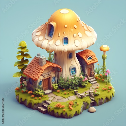 3D Isometric Mushroom House Illustration