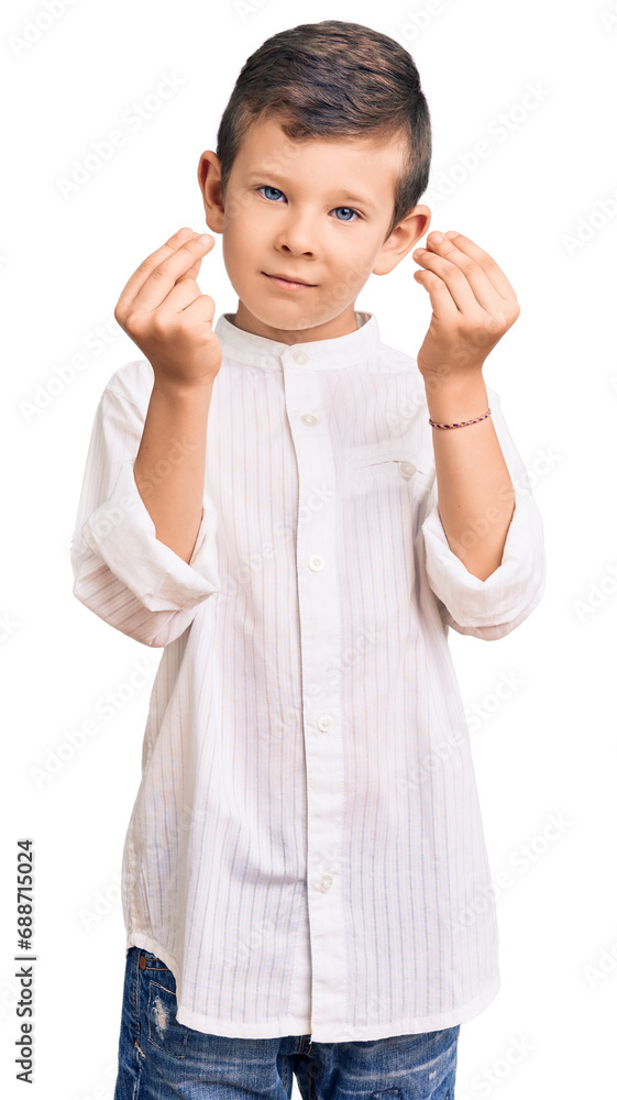 Cute blond kid wearing elegant shirt doing money gesture with hands, asking for salary payment, millionaire business Cute blond kid wearing elegant shirt doing money gesture with hands, asking for salary payment, millionaire business