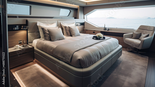 Yacht Stateroom King-Sized Bed Lavish Finishes Ocean Views Tranquil No Occupants © javier