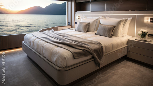 Yacht Stateroom King-Sized Bed Lavish Finishes Ocean Views Tranquil No Occupants