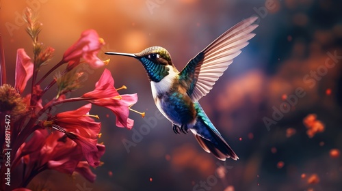 Realistic Illustration of Hummingbird Flying Near Flowers