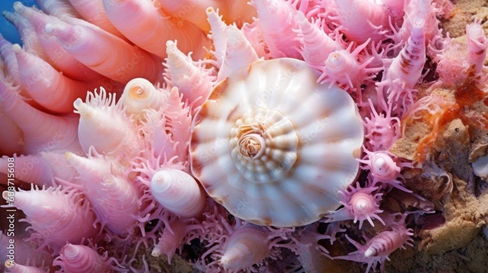 a close up of a sea shell on a white background with a sea shell on the bottom and a sea shell on the bottom of the bottom of the bottom of the bottom of the image. a close up of a sea shell on a white background with a sea shell on the bottom and a sea shell on the bottom of the bottom of the bottom of the bottom of the image.