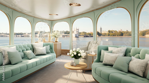 Interior of river cruise boat panoramic windows serene colors seafoam green seats delicate curtains