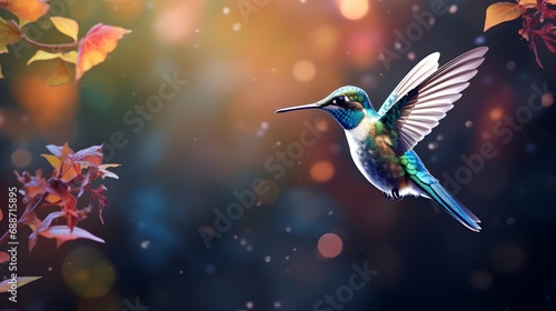 Realistic Illustration of a Hummingbird Flying near Flowers  © Mauro
