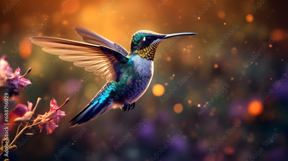 Fototapeta premium Realistic Hummingbird Flying Near Flowers Illustration