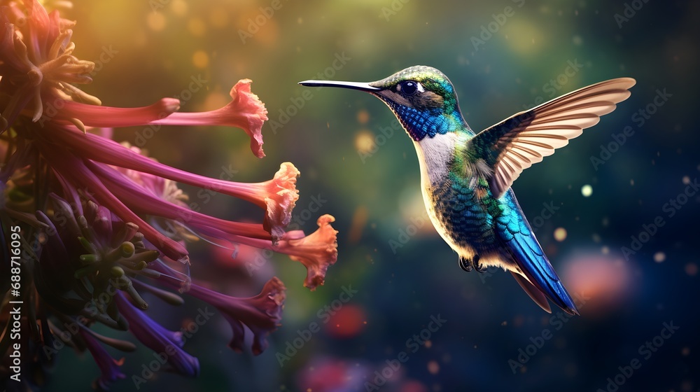 Fototapeta premium Realistic Hummingbird Flying Near Flowers Illustration