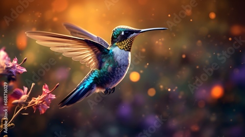 Realistic Hummingbird Flying Near Flowers Illustration