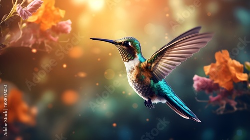 Realistic Hummingbird Flying Near Flowers Illustration © Mauro