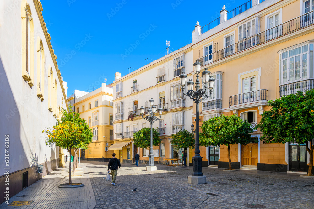 A man walks down a small tree lined square in the old town district of Cadiz, Spain.