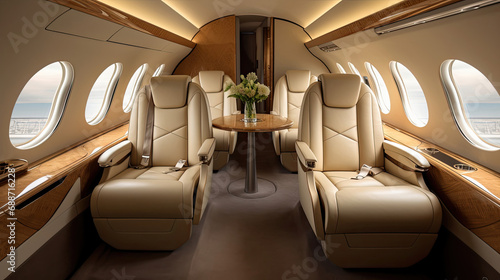 Interior of private jet cream-colored leather seats gold accents oval windows walnut wood floor © javier