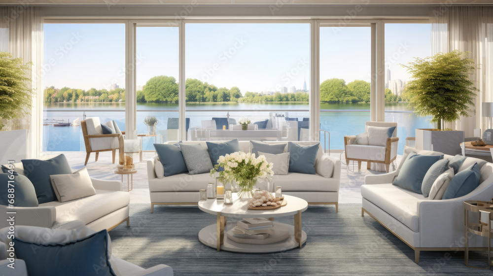 Fototapeta premium Luxurious river cruise boat lounge with panoramic views soft blues and plush seating