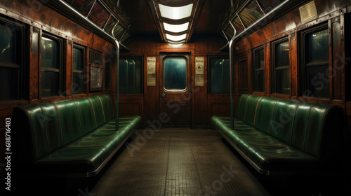 Moody vintage subway car with burgundy seats aged advertisements and amber lighting
