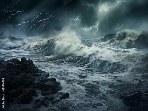 Dark Stormy Sea, Tall Waves In A Storm, Heavy Ocean Current Background Digital Art
