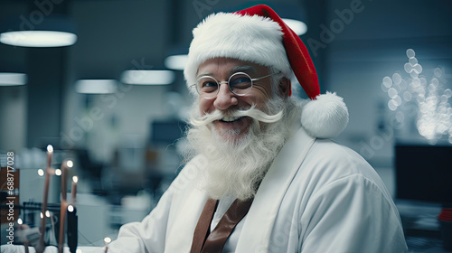 Delighted scientist in Santa hat conducting experiments in state-of-the-art lab