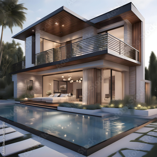 A 3D house model with unique architectural elements and a modern sleek style. © shaheduddin