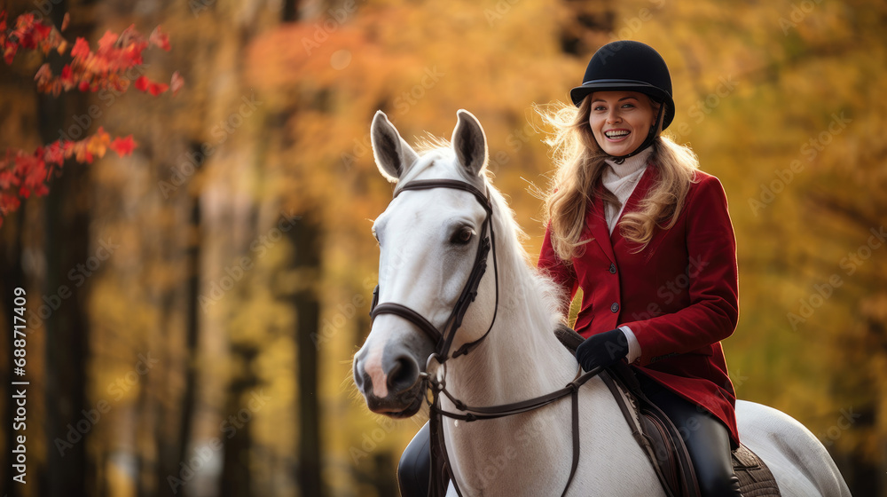 Obraz premium Jubilant equestrian rides through picturesque countryside with hat autumn foliage bond with horse