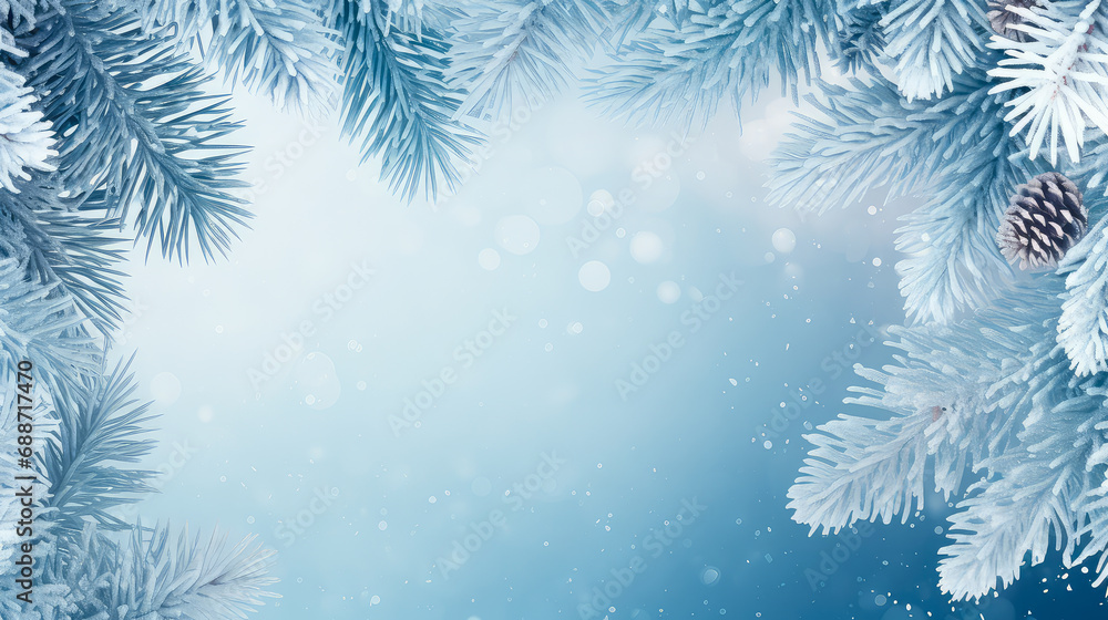 Christmas winter background with fir branches and snowflakes. Copy space