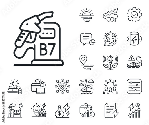Filling station sign. Energy, Co2 exhaust and solar panel outline icons. Diesel station line icon. B7 liquid fuel symbol. Diesel station line sign. Eco electric or wind power icon. Vector