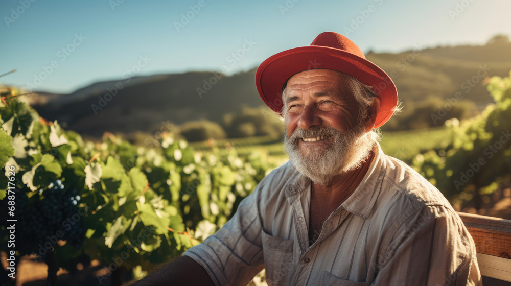 Winemaker in hat works in picturesque vineyard