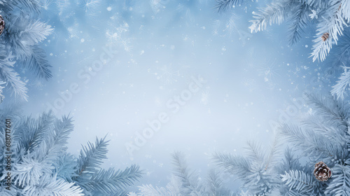 Christmas winter background with fir branches and snowflakes. Copy space © Karim Boiko