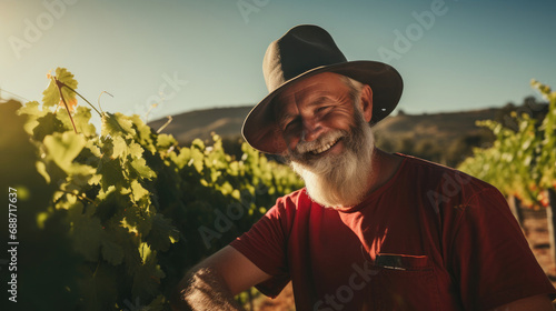 Winemaker in hat tends grapevines