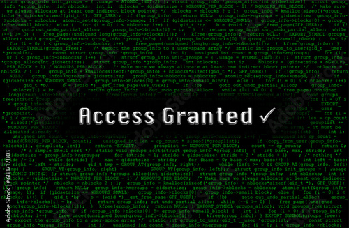 Close-up of white access granted message on computer screen with check mark icon and green code in the background. Illustration made December 5th, 2023, Zurich, Switzerland.