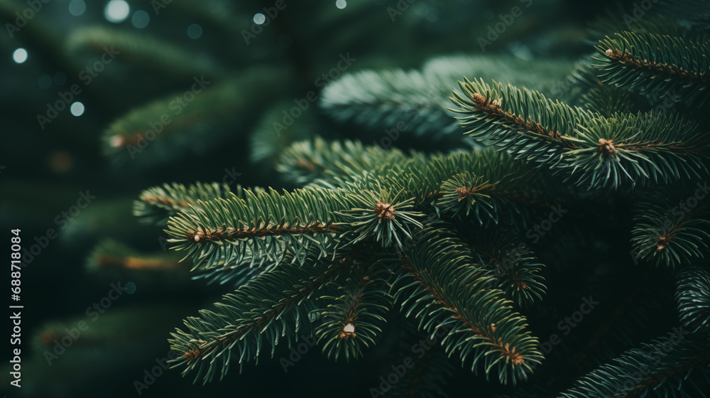 Christmas tree with festive bokeh lights. Christmas and New Year holiday background. Christmas tree close up. Winter season. Happy holiday. Magic time, garland lights. Generated AI