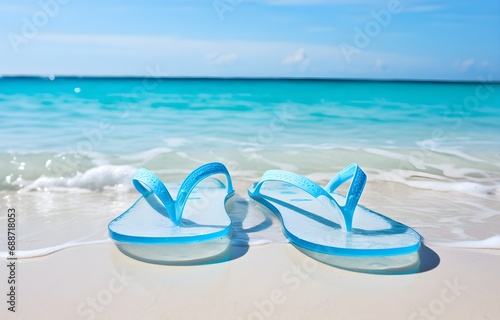 color flip-flops on white beach sand over blue transparent ocean wave background