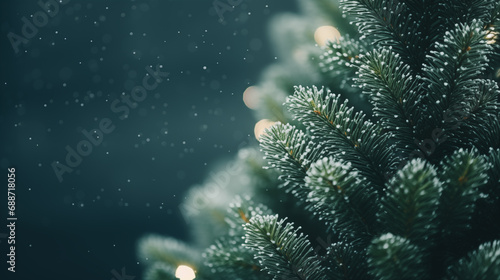 Christmas tree with festive bokeh lights. Christmas and New Year holiday background. Christmas tree close up. Winter season. Happy holiday. Magic time, garland lights. Generated AI