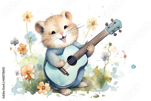 watercolor cartoon illustration,  cute hamster singing and playing guitar in spring flower field, Generative Ai