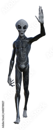 Illustration of a gray alien wearing a skin tight outfit with arm raised waving hello isolated on a white background.