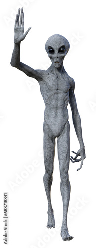 Illustration of a gray alien with arm raised waving hello isolated on a white background.