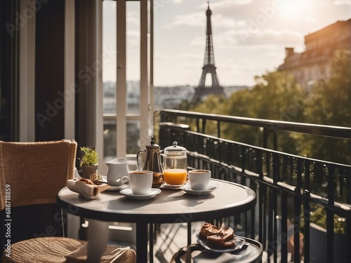 Eiffel tower seen from hotel room bed
