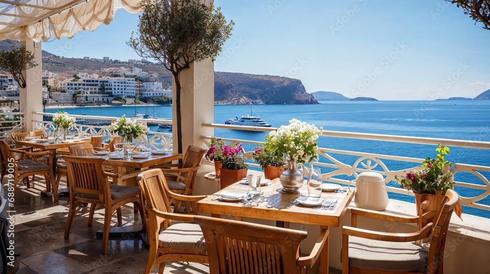 terrasse de restaurant au bord de la mer, confortable et au calme avec vue dégagée
