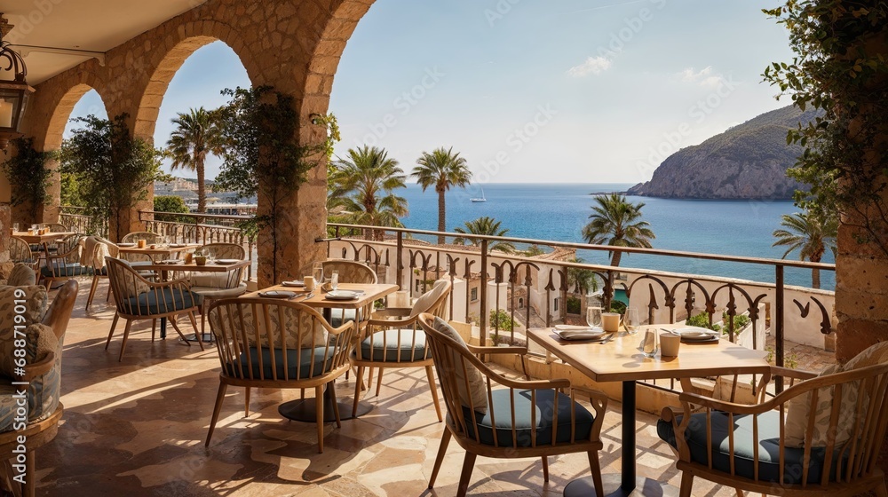 terrasse de restaurant au bord de la mer, confortable et au calme avec vue dégagée
