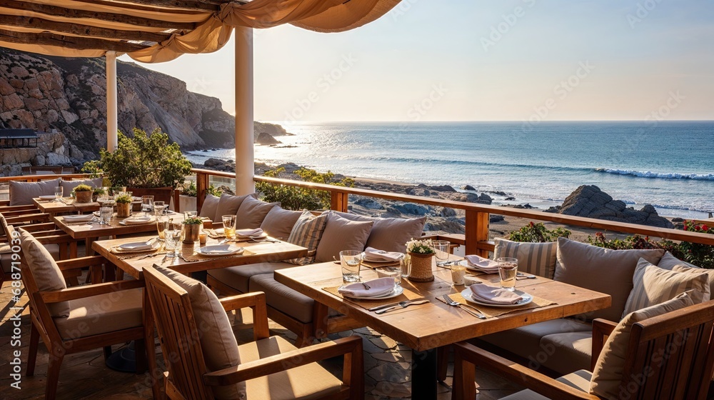 terrasse de restaurant au bord de la mer, confortable et au calme avec vue dégagée - obrazy, fototapety, plakaty 