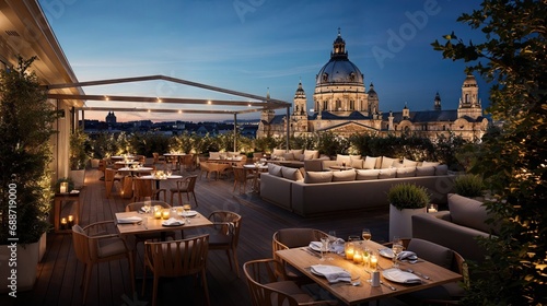 Fototapeta Naklejka Na Ścianę i Meble -  terrasse de restaurant en roof-top au dessus de la ville avec une vue imprenable sur ses monuments