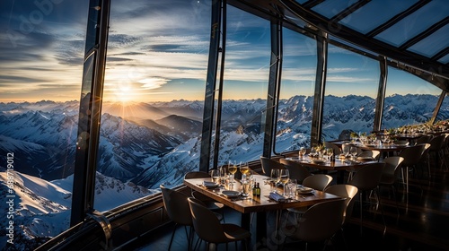 Fototapeta Naklejka Na Ścianę i Meble -  restaurant panoramique d'altitude en position dominante au sommet des montagnes enneigées