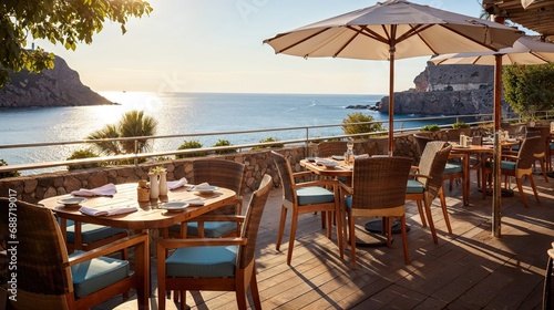 terrasse de restaurant au bord de la mer  confortable et au calme avec vue d  gag  e