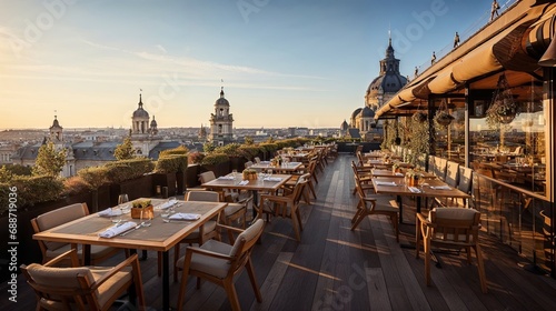 terrasse de restaurant en roof-top au dessus de la ville avec une vue imprenable sur ses monuments